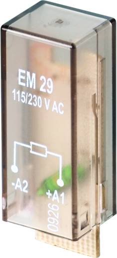 Prostokaźny przekaźnik z napisem 'EM 29 115/230 V AC'. Na przezroczystej obudowie znajdują się elektryczne schematy podłączeniowe.