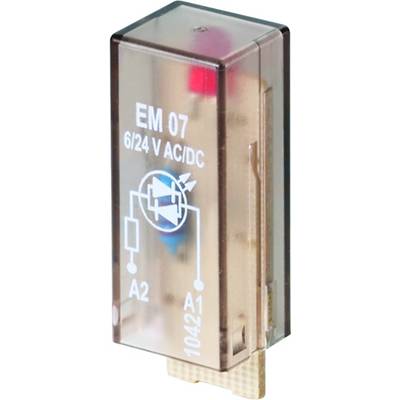 Elektryczne przekaźnik oznaczony napisem 'EM 07 6/24 V AC/DC', przedstawiający symbol obwodu elektrycznego oraz zaciski A1 i A2.