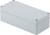 Prostokątna, szara obudowa z tworzywa sztucznego z zdejmowaną pokrywą i czterema otworami montażowymi w narożnikach, przeznaczona do elektronicznych elementów składowych.