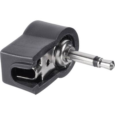 Czarny adapter audio z wtyczką 3,5 mm w prostokątnej obudowie z tworzywa sztucznego, zaprojektowany do łączenia urządzeń audio.