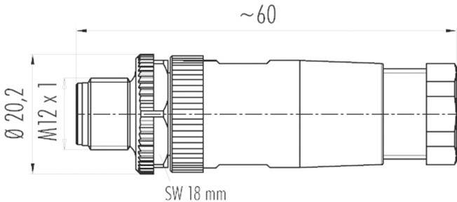 Rysunek techniczny cylindrycznego złącza wtykowego z wymiarami: długość całkowita ok. 60 mm, średnica 20,2 mm, gwint M12 x 1.