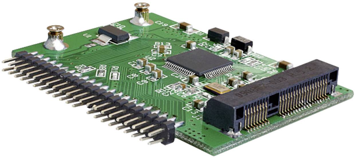 Zielona płytka drukowana z gniazdami i komponentami elektronicznymi, która może być używana do przechowywania danych.