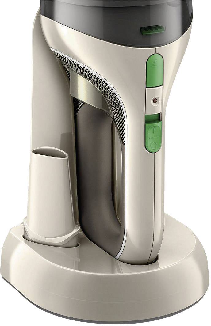 Bezprzewodowy odkurzacz stoi pionowo w stacji ładującej. Posiada nowoczesny design z zielonymi elementami sterującymi.