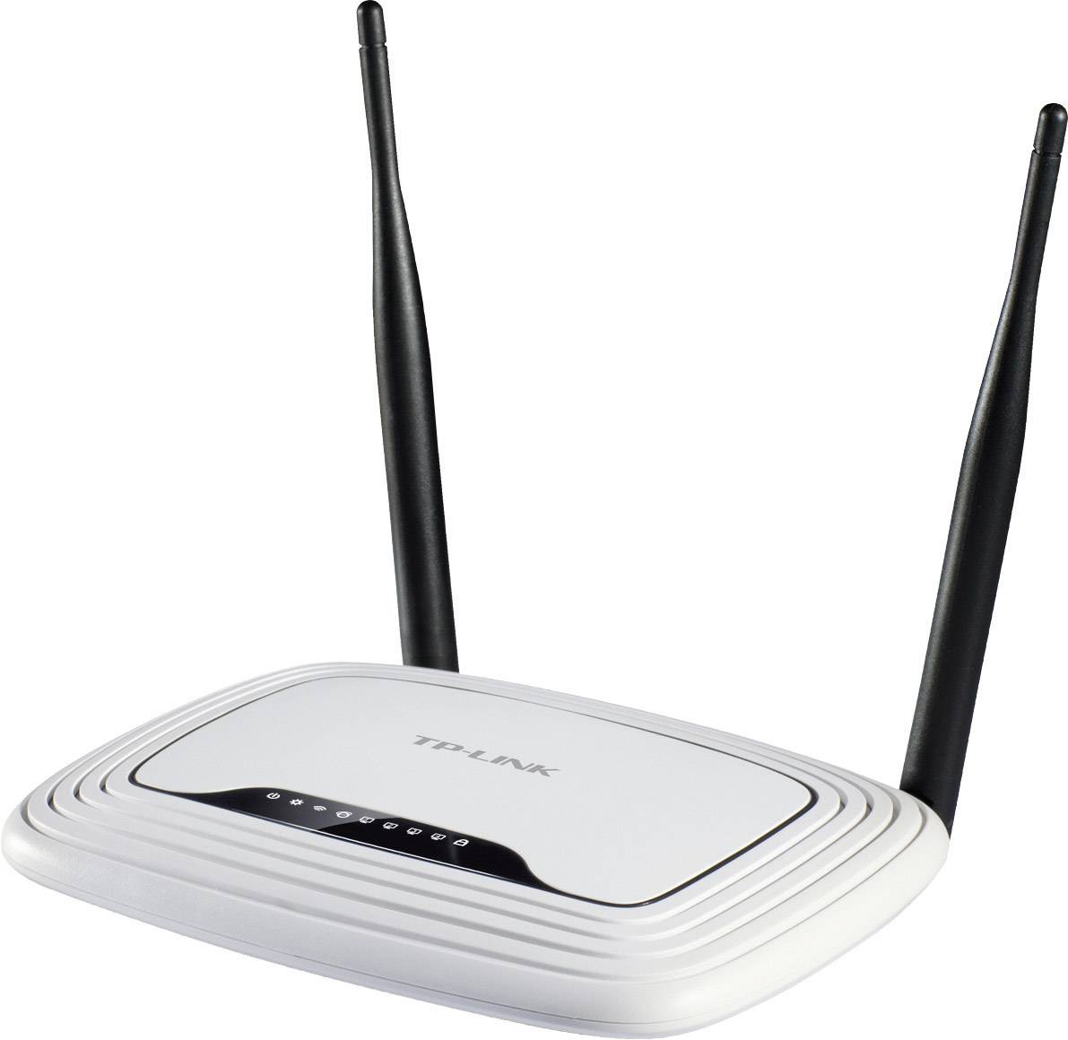 Biały router TP-Link z dwoma czarnymi antenami zapewnia połączenie Wi-Fi.