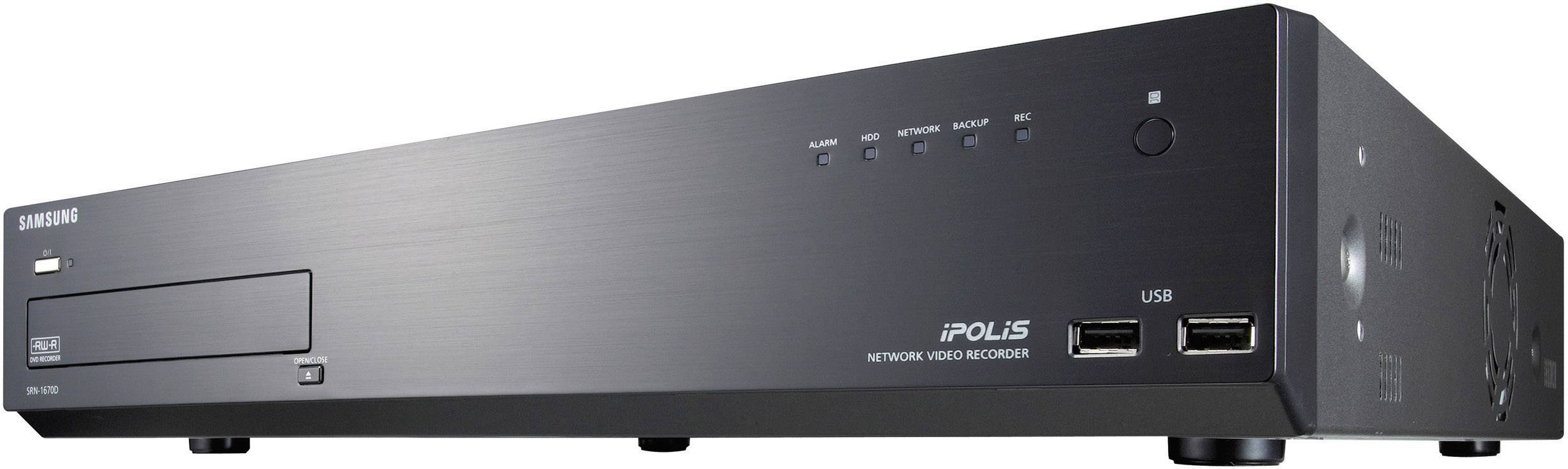 Czarny sieciowy rejestrator wideo firmy Samsung z portami USB i przyciskami sterującymi na przedniej ściance. Model: iPOLiS.