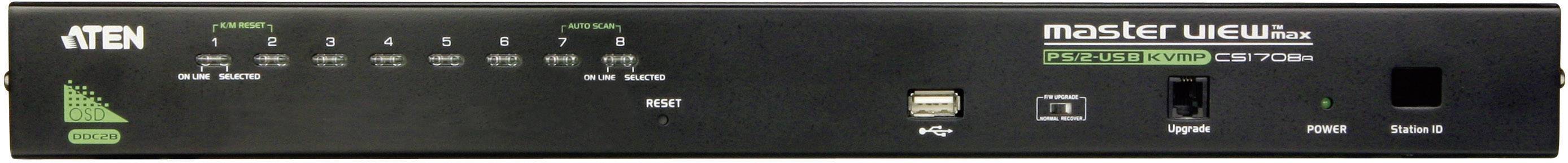 Przełącznik KVM ATEN Master View CS-1734B z przyciskami sterującymi, diodami LED i portami na przedniej płycie. Urządzenie do zarządzania wieloma komputerami.