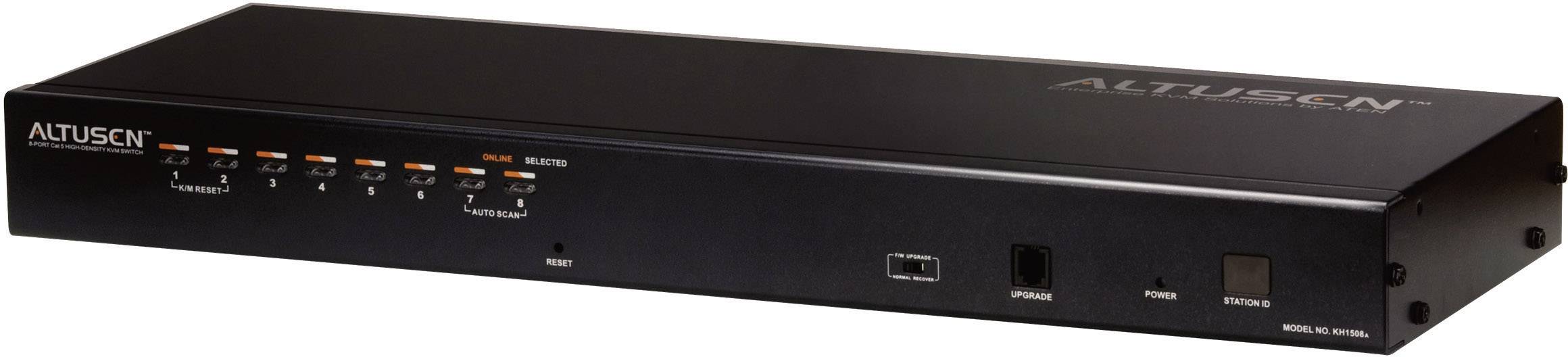 Czarny sprzęt sieciowy, przypominający router, z wieloma portami i wskaźnikami LED na przedniej ściance. Widoczna nazwa marki.