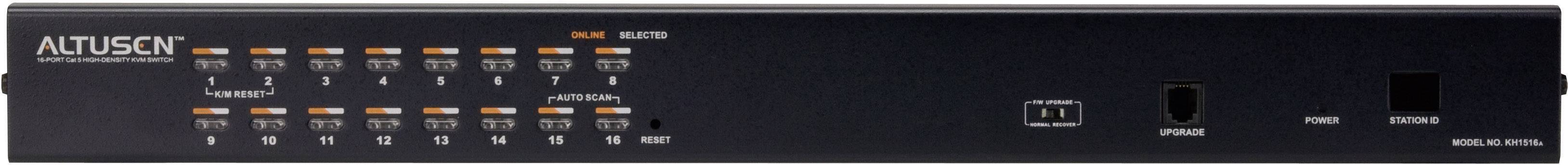 Ośmioportowy przełącznik KVM firmy ATEN do zarządzania wieloma komputerami za pomocą jednego zestawu urządzeń peryferyjnych; widok z przodu.