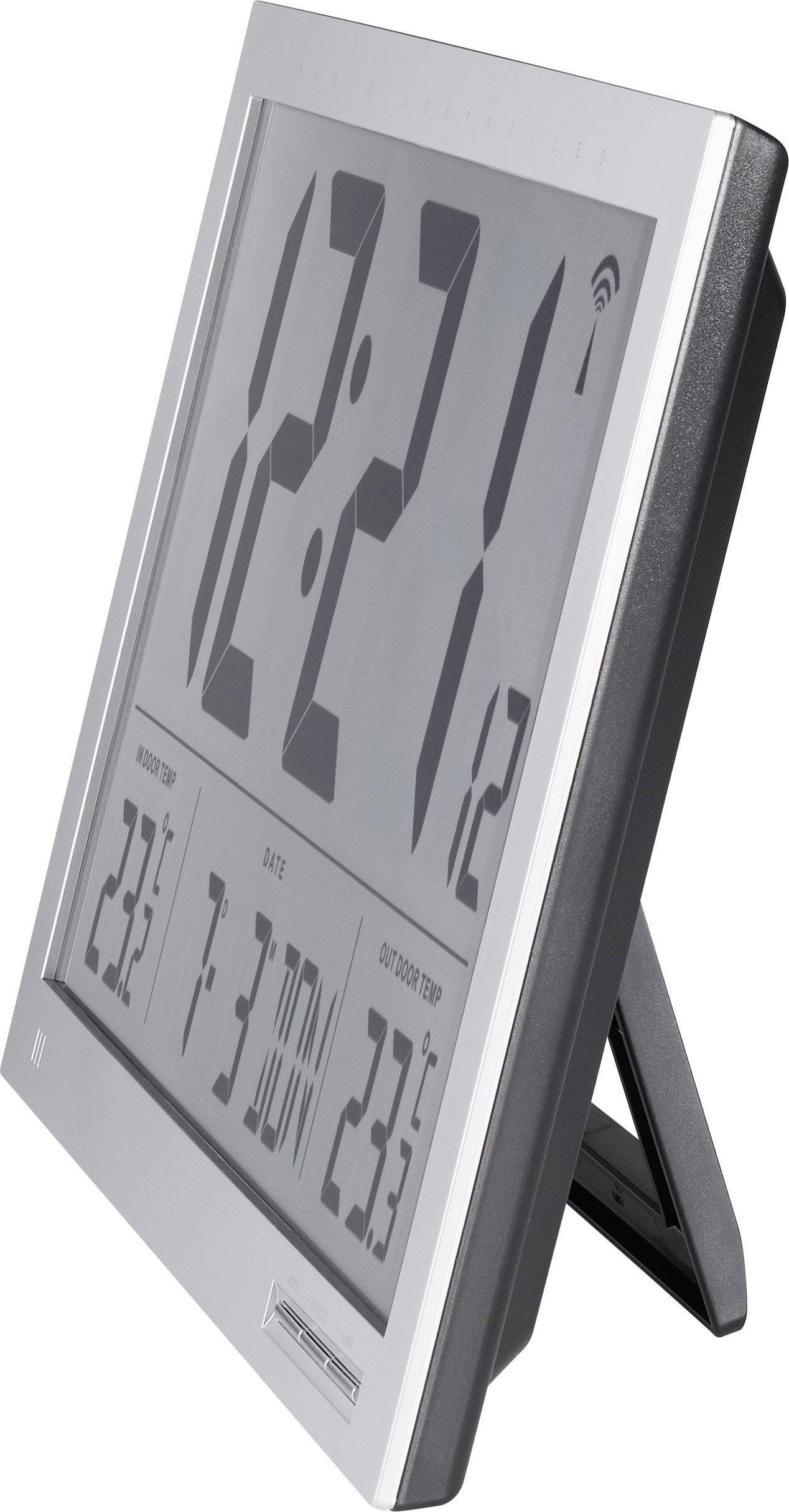 Cyfrowy kalendarz biurkowy z dużym wyświetlaczem zegarowym. Wyświetla godzinę, datę, dzień tygodnia i temperaturę w stopniach Celsjusza.