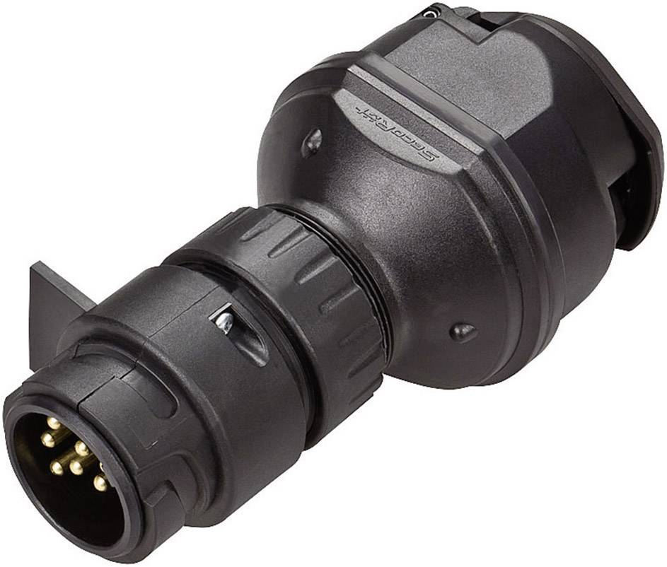 Czarny 7-stykowy wtyk przyczepy z tworzywa sztucznego, służący do połączenia pojazdu ciągnącego z przyczepą w celu przesyłu prądu elektrycznego.