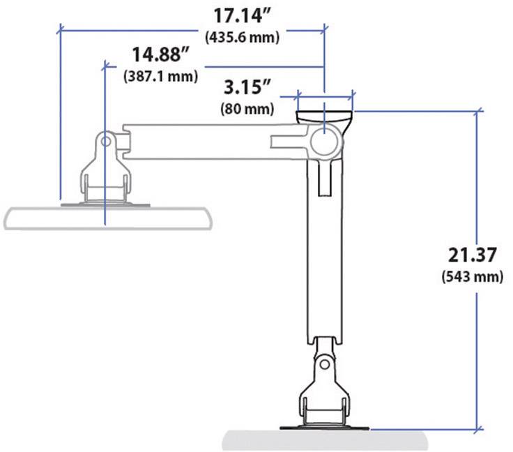 Rysunek przedstawia wymiary regulowanego ramienia monitora: długość 43,6 cm, szerokość 38,7 cm, głębokość 80 mm, wysokość 54,3 cm.