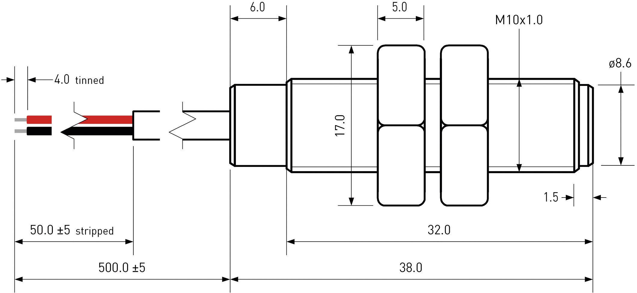 Rysunek techniczny złącza z oznaczeniami wymiarów: długość 50 mm, średnica 8,6 mm, gwint M10x1,0, przewód 500 mm.