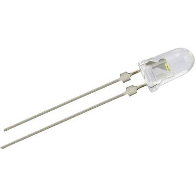 Biała dioda elektroluminescencyjna (LED) z dwoma długimi wyprowadzeniami. Dioda ma kształt cylindryczny i jest przezroczysta, co jest typowe dla zastosowań elektronicznych.
