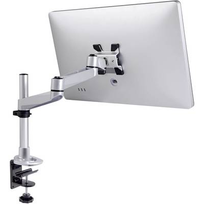 Metalowy, regulowany uchwyt do monitora zamocowany na krawędzi biurka, utrzymuje duży płaski ekran w ergonomicznej pozycji.