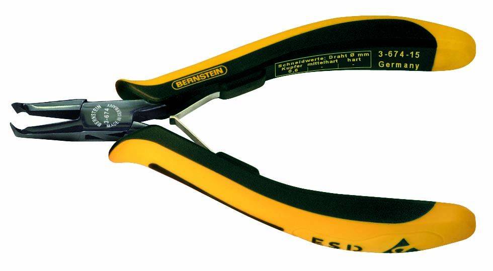 Szczypce metalowe z żółtymi uchwytami, odpowiednie do precyzyjnych prac mechanicznych. Numer modelu '3-674-15', wyprodukowane w Niemczech.