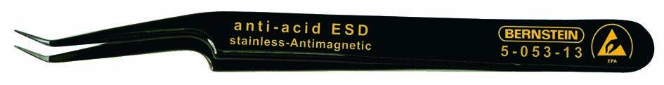Czarna, antymagnetyczna pinceta ze stali nierdzewnej z napisem 'anti-acid ESD', 'stainless-antimagnetic', nazwą marki i numerem modelu.
