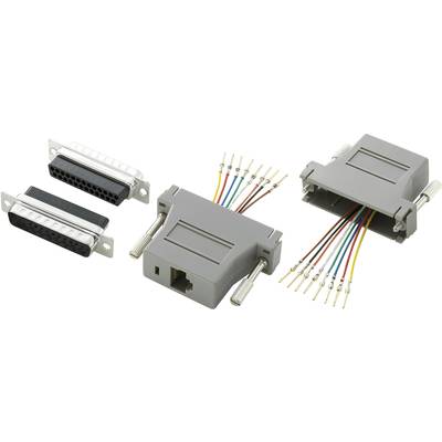 Różne adaptery połączeniowe z odkrytymi końcówkami kabli. Jeden adapter posiada złącze RJ45, inne mają interfejsy szeregowe.
