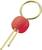 Złoty brelok do kluczy z czerwoną, kulistą rękojeścią i dwoma równoległymi prętami.