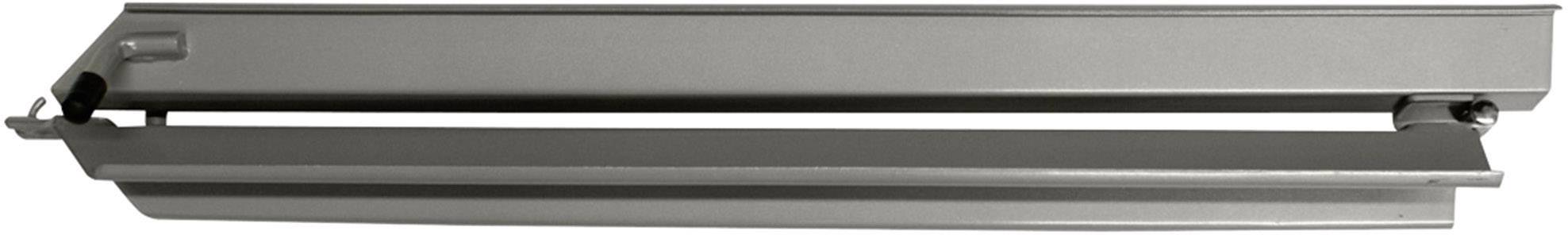 Szary, metalowy element o prostokątnym kształcie w profilu U. Może stanowić część większego mechanizmu lub urządzenia.