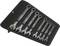 Zestaw siedmiu otwartych kluczy oczkowych w czarnym etui, każdy z elastyczną główką, ułożony od najmniejszego do największego.