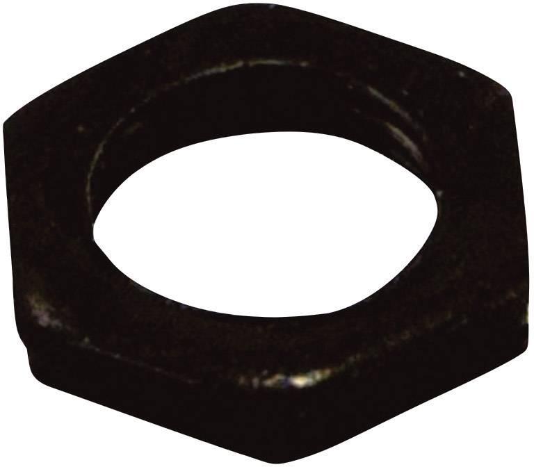 Sześciokątna nakrętka metalowa w ciemnym kolorze, prawdopodobnie przeznaczona do zastosowań technicznych lub mechanicznych.