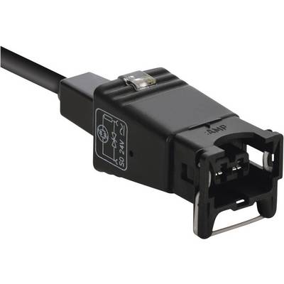 Czarny wtyk AMP z kablem ładującym, wyświetlający symbole elektryczne i dane techniczne na górnej powierzchni.