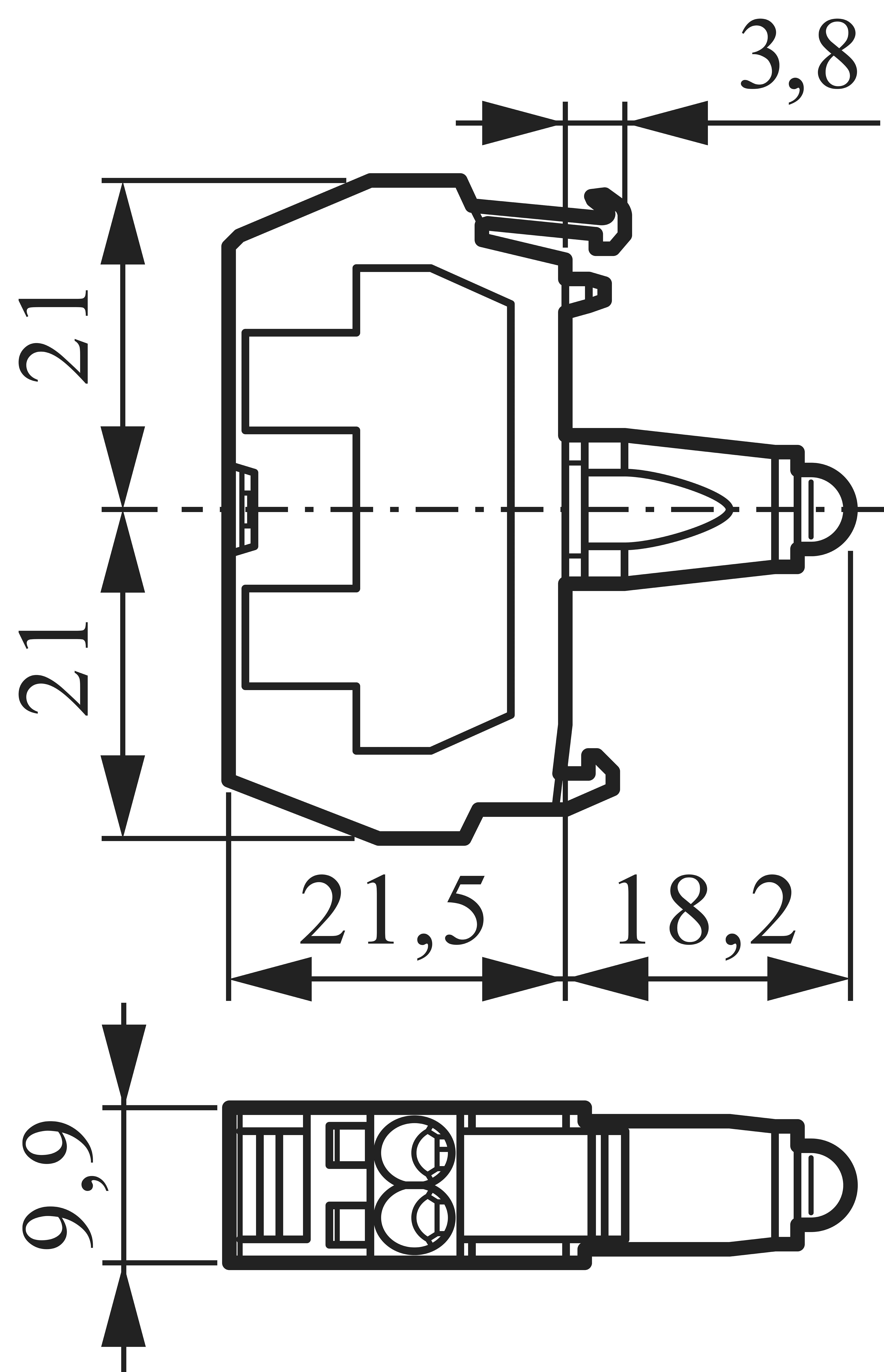 Rysunek techniczny złącza z wymiarami w milimetrach: 3,8 mm, 9,9 mm, 18,2 mm, 21 mm oraz 21,5 mm.