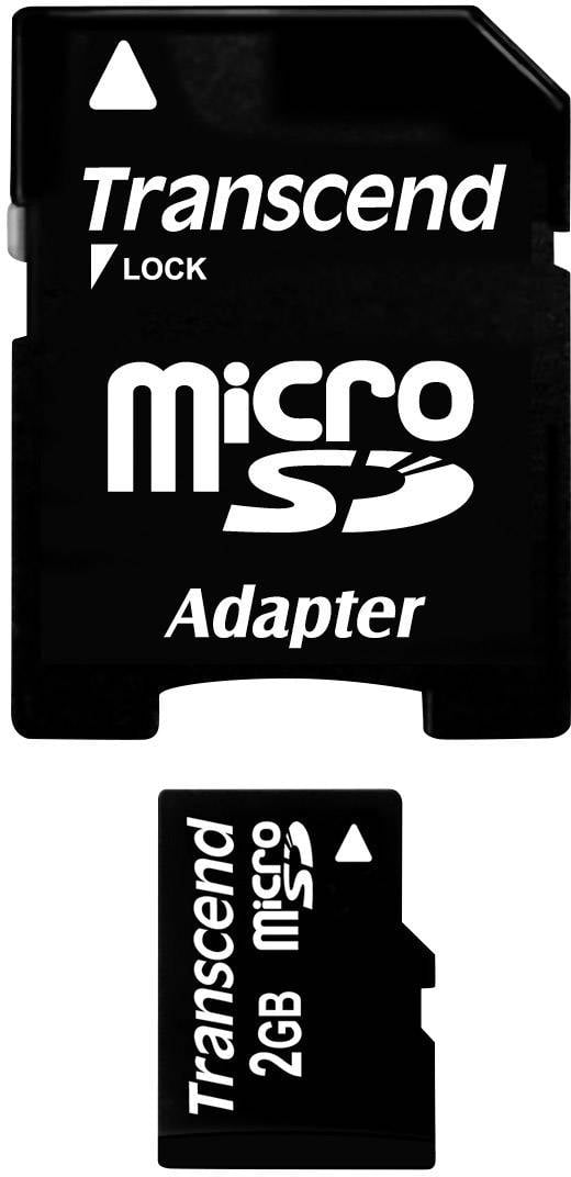Karta microSD marki Transcend o pojemności 2 GB wraz z adapterem do włożenia karty microSD.