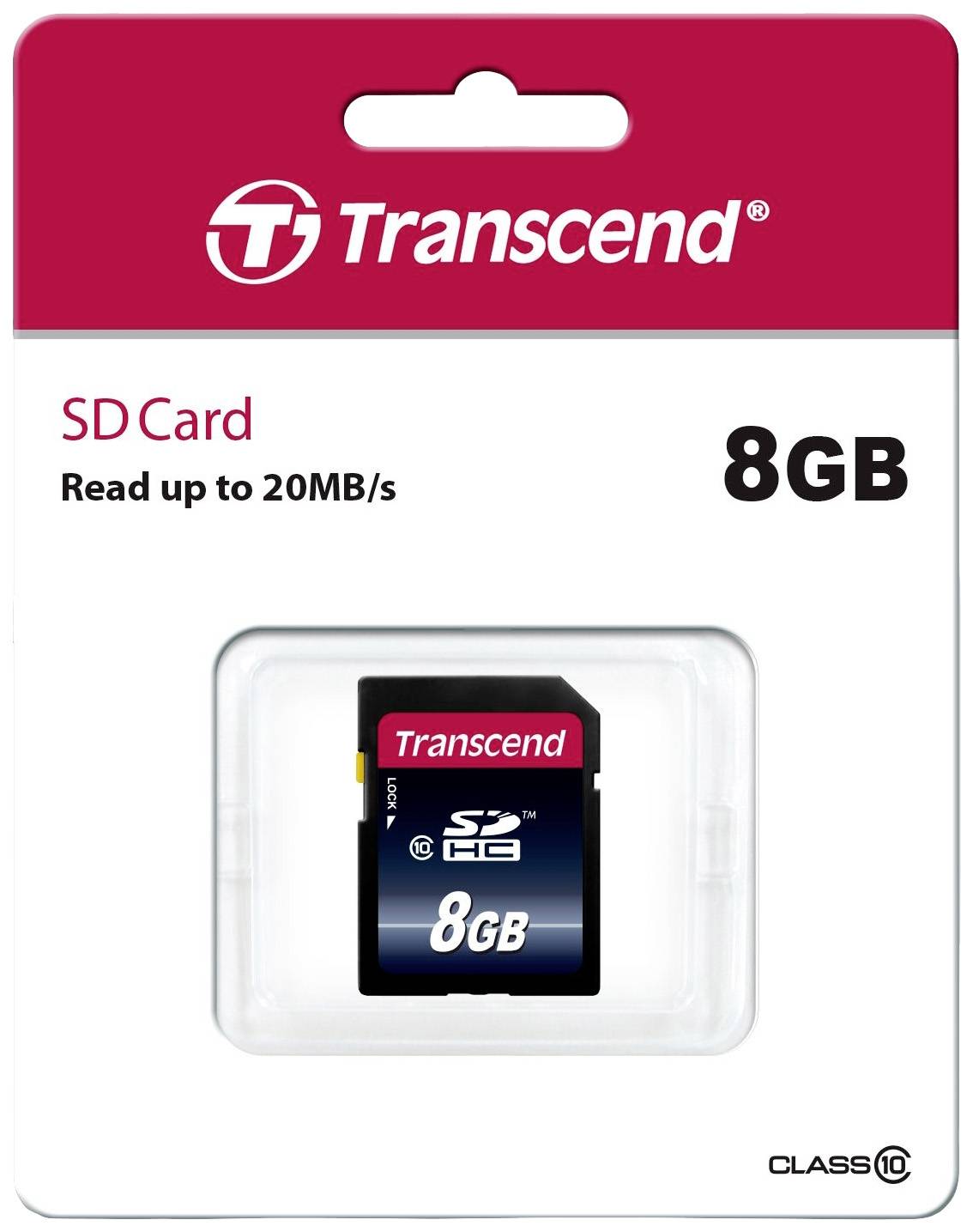 Karta SD Transcend, 8 GB pamięci, prędkość odczytu do 20 MB/s, klasa 10.