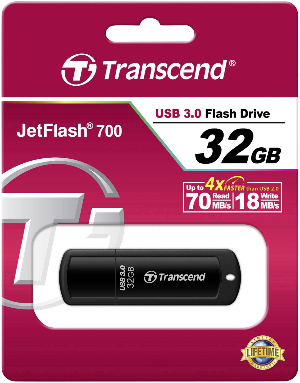 Pendrive Transcend USB 3.0 JetFlash 700, 32 GB. Prędkość: Odczyt do 70 MB/s, Zapis do 18 MB/s, opakowanie czerwono-czarne.