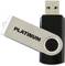 Pendrive z napisem 'PLATINUM' na obrotowej metalowej obudowie. Na górze widoczne są symbole techniczne i oznaczenia.