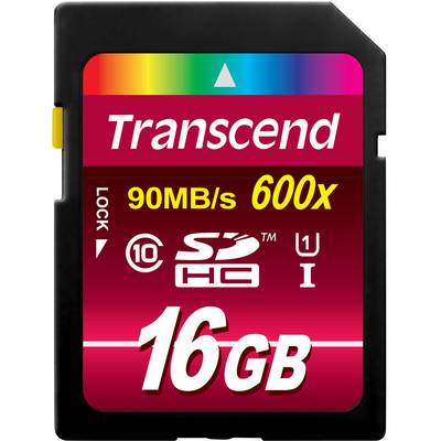 Karta SD o pojemności 16 GB, marki Transcend, klasa prędkości 10, 600x, prędkość odczytu 90 MB/s.