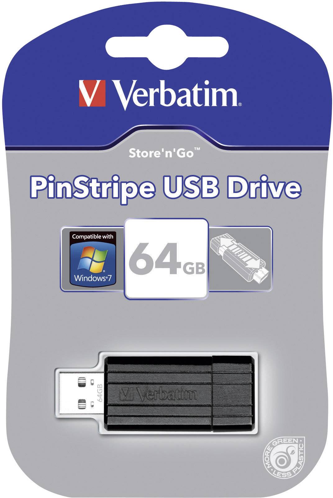 Pendrive Verbatim PinStripe, 64GB, czarny. Opakowanie wskazuje kompatybilność z systemem Windows 7 oraz przedstawia obraz pendrive'a.