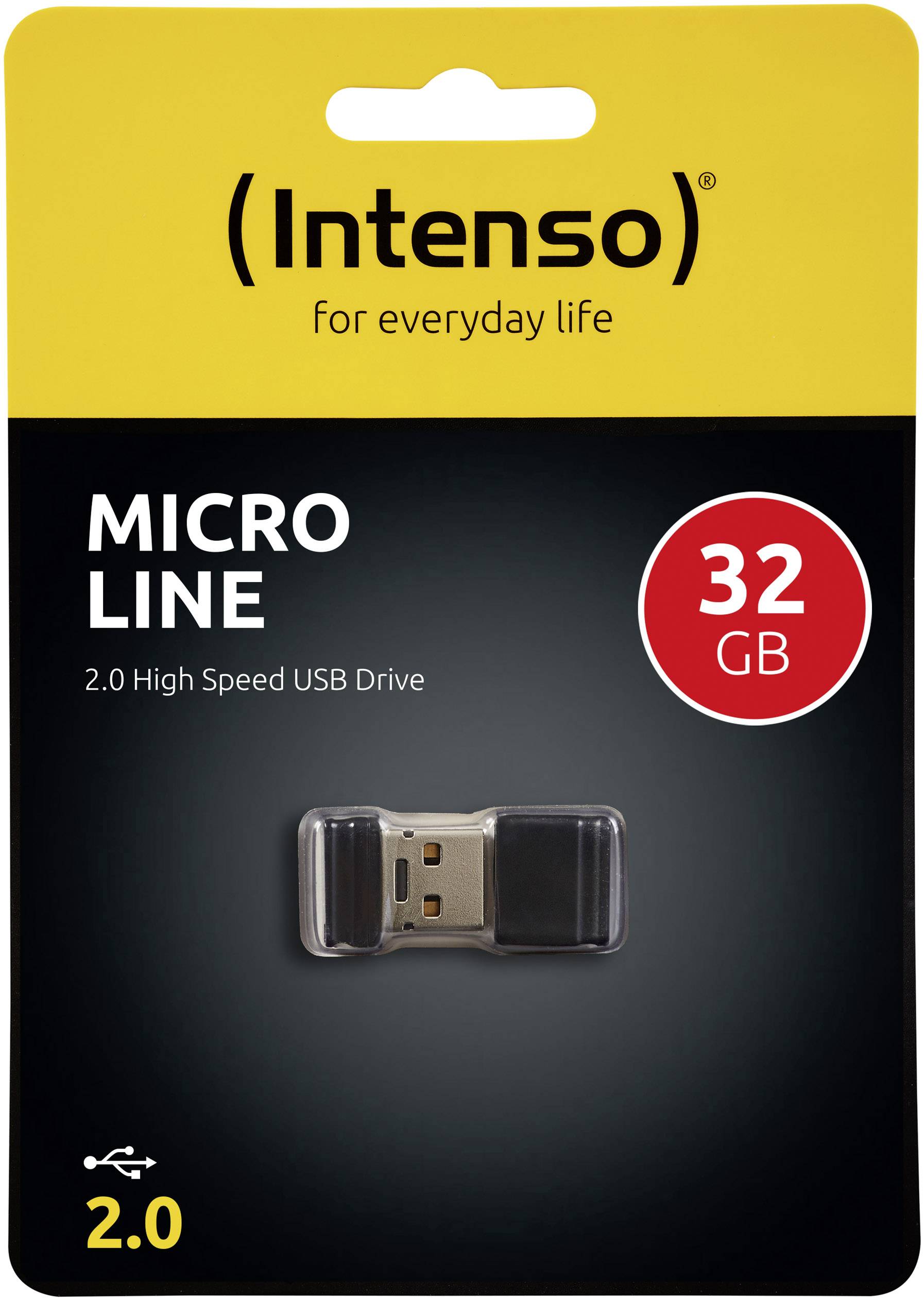 Pendrive Intenso Micro Line o pojemności 32 GB. Opakowanie prezentuje czarny nośnik USB. Odpowiedni do codziennego użytku.
