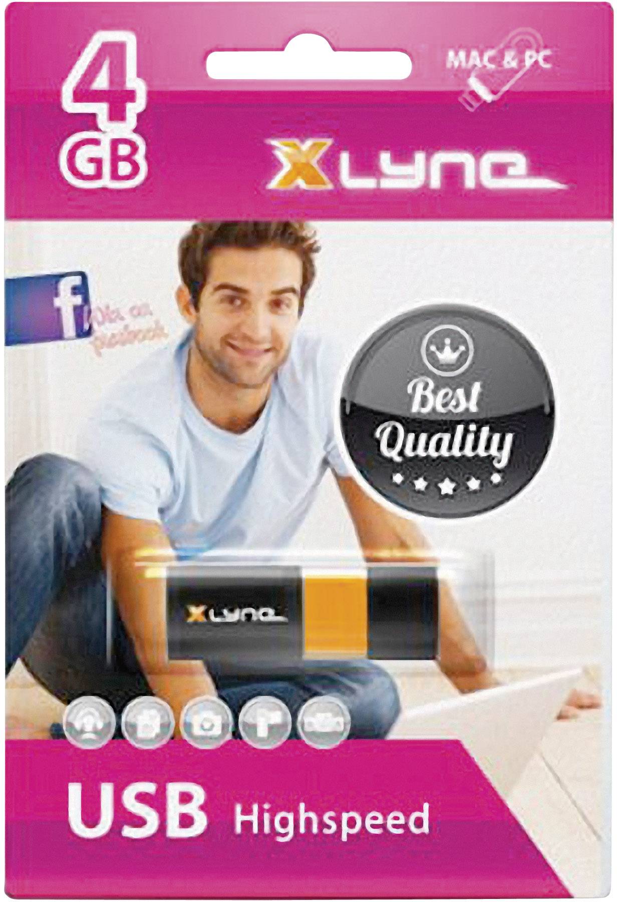 Opakowanie pendrive'a 'Xlyne' o pojemności 4 GB z oznaczeniem 'Best Quality'. Na tle widoczny jest mężczyzna. Kompatybilny z Mac i PC.