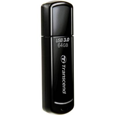 Czarny pendrive z napisem 'USB 3.0 64GB' oraz 'Transcend' na przedniej stronie.