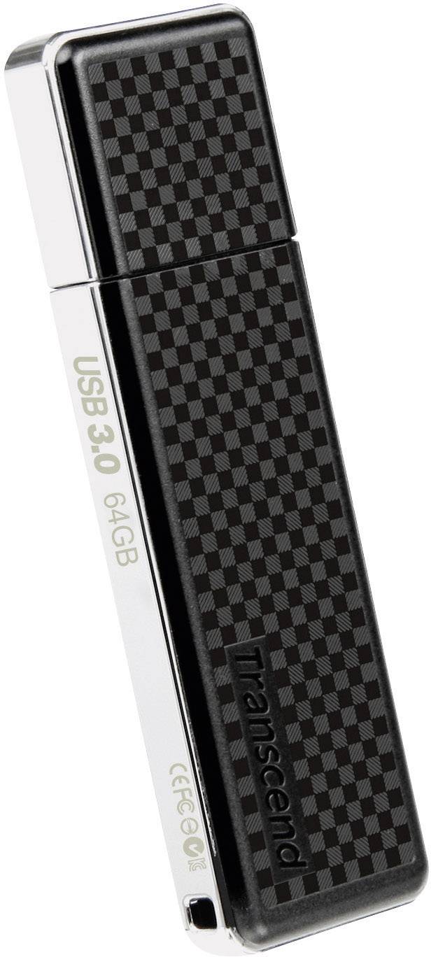 Pendrive Transcend o pojemności 64 GB, z charakterystycznym wzorem w kratkę i kompatybilnością z USB 3.0.