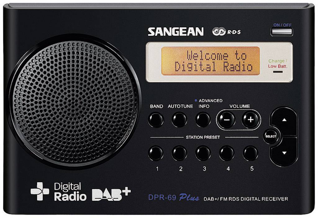 Czarne przenośne radio cyfrowe z wyświetlaczem z napisem 'Witamy w radiu cyfrowym', przyciskami sterującymi i zintegrowanym głośnikiem po lewej stronie.