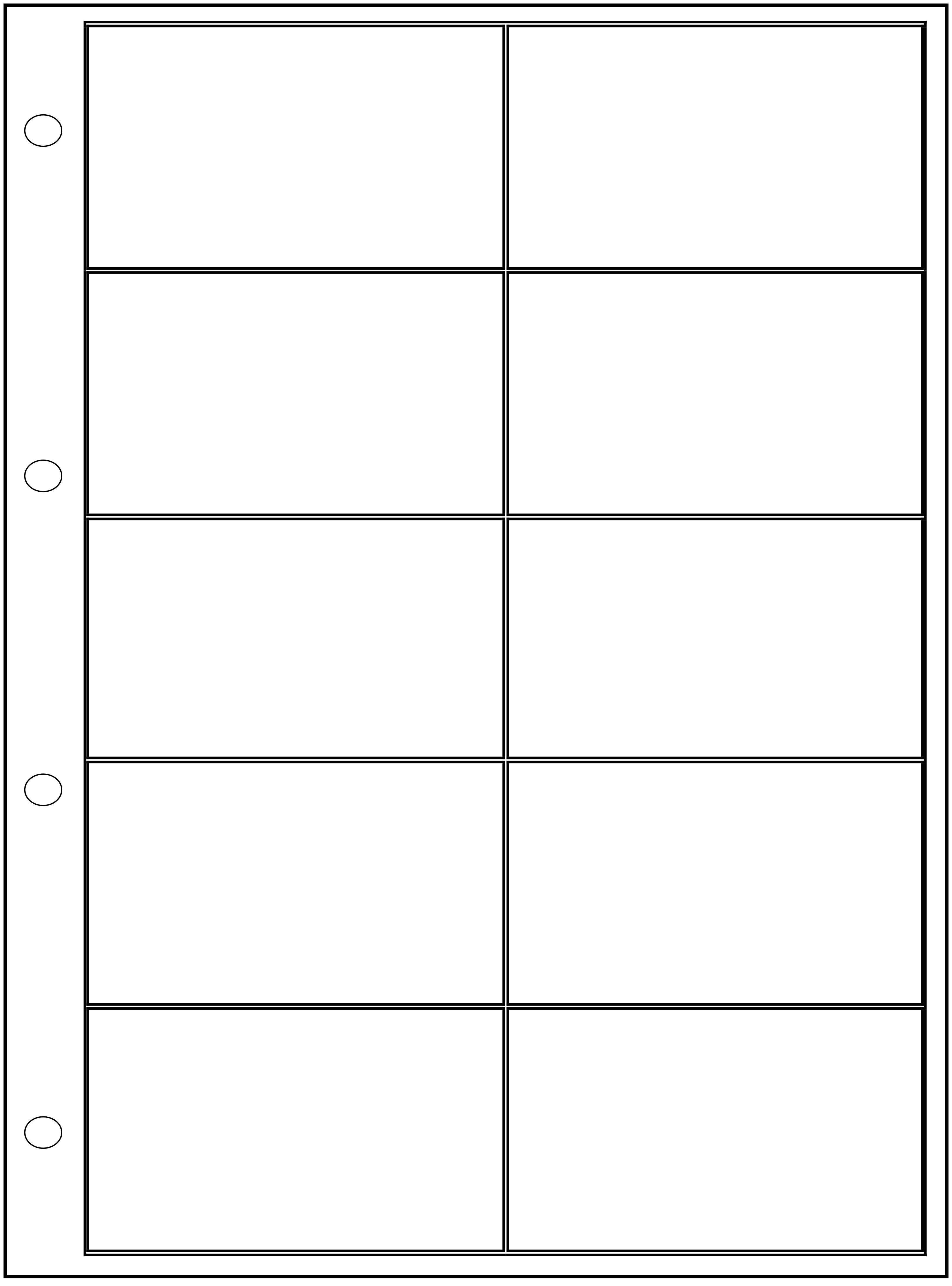 Pusta strona do albumu kolekcjonerskiego z dziewięcioma prostokątnymi polami ułożonymi w trzech rzędach. Po lewej stronie znajdują się trzy otwory do wpięcia do segregatora.