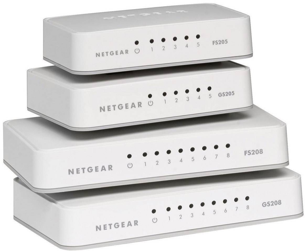 Cztery ułożone jeden na drugim przełączniki sieciowe firmy Netgear, modele FS205, GS205, FS208 i GS208, każdy z pięcioma do ośmiu wskaźnikami LED.
