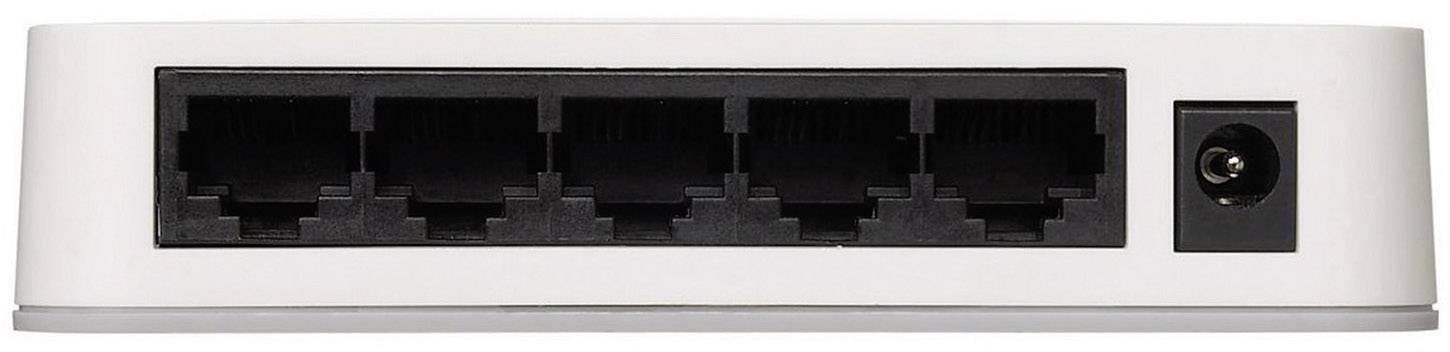 Biały przełącznik sieciowy z pięcioma portami Ethernet i gniazdem zasilania po prawej stronie.