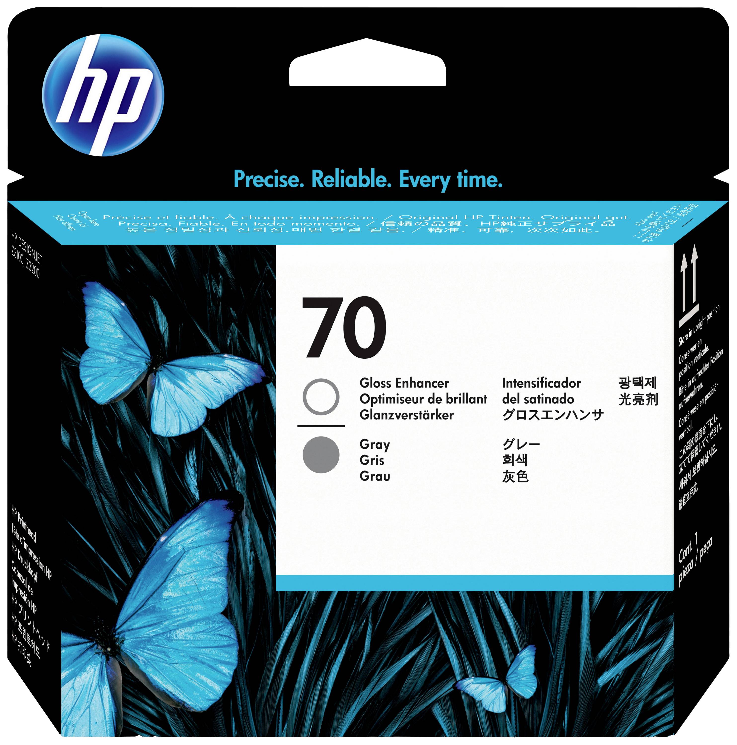 Opakowanie na nabój z tuszem HP 70 z niebieskim logo HP i niebieskimi motylami. Tekst: 'Precyzyjne. Niezawodne. Za każdym razem.'