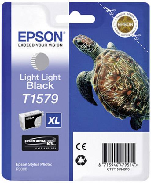 Opakowanie zawiera wkład atramentowy Epson T1579 w kolorze 'Light Light Black', przeznaczony do drukarki Epson Stylus Photo R3000. Na opakowaniu widnieje ilustracja żółwia morskiego.