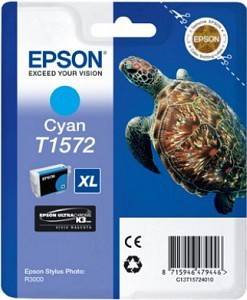 Wkład atramentowy 'Cyan T1572 XL' firmy Epson do drukarki. Na opakowaniu widać obraz żółwia morskiego oraz logo Epson.