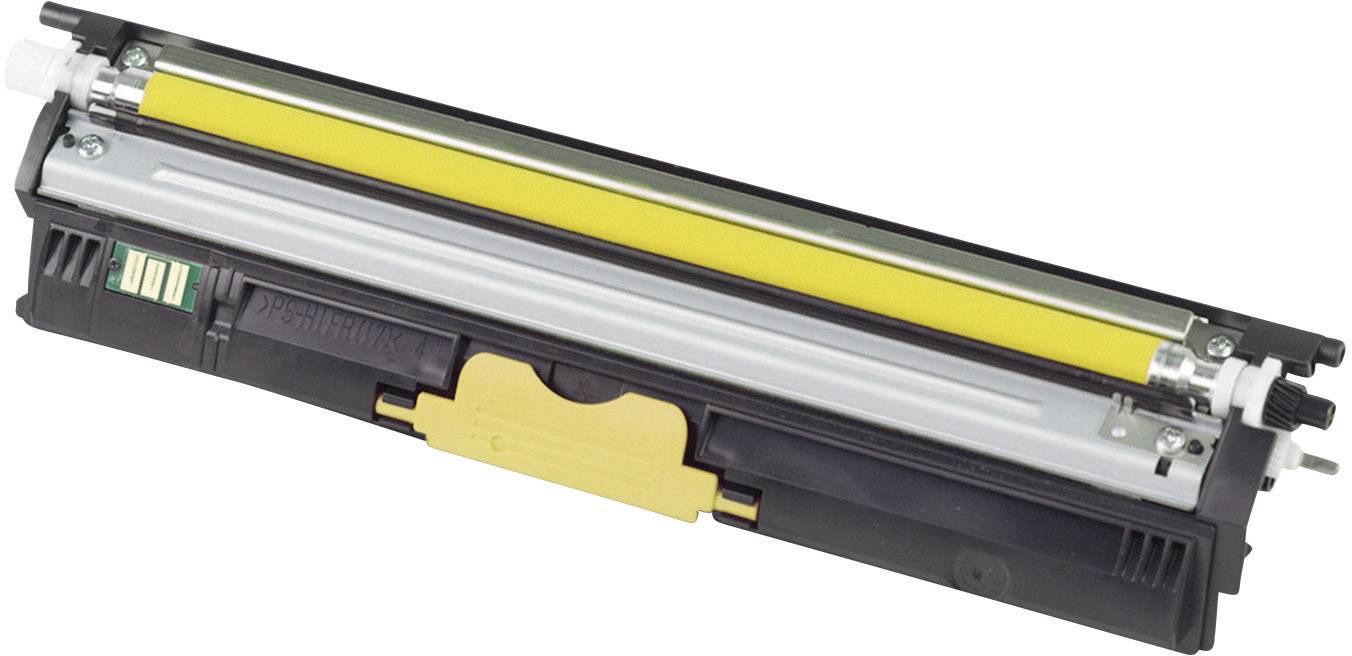 Żółty toner do drukarki laserowej, o cylindrycznym kształcie, wyposażony w elektroniczne styki z boku.