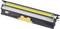 Żółty toner do drukarki laserowej, o cylindrycznym kształcie, wyposażony w elektroniczne styki z boku.