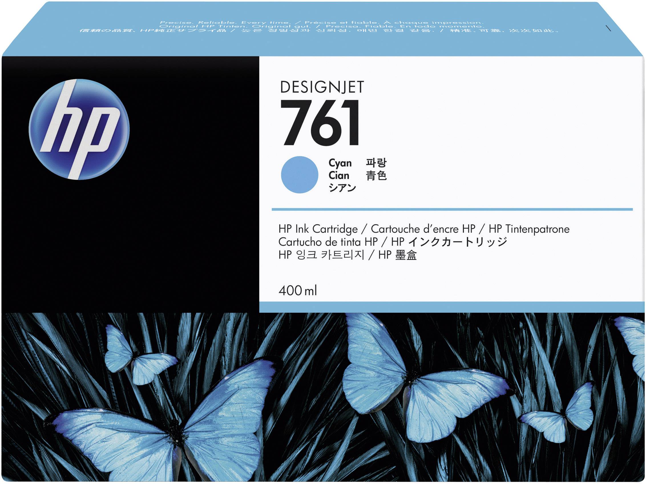 Wkład atramentowy HP DesignJet 761 Cyan w opakowaniu z niebieskimi motylami o pojemności 400 ml.