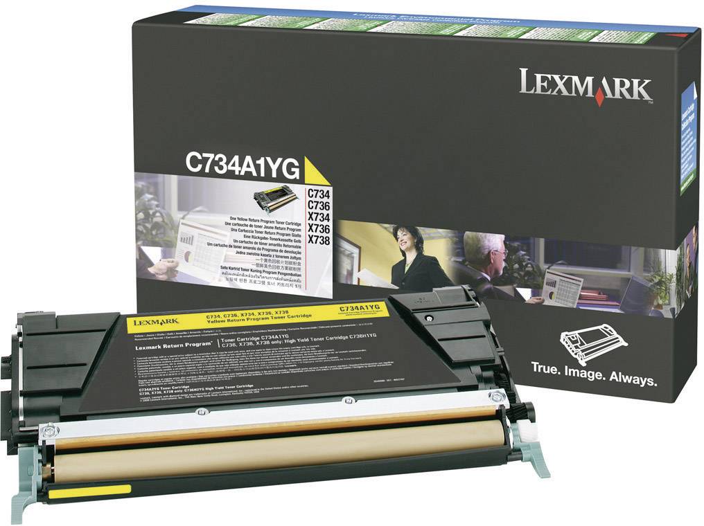 Wkład tonera Lexmark C734A1YG i opakowanie. Opakowanie przedstawia obraz drukarki oraz kompatybilne modele: C734, C736, X734, X736, X738.