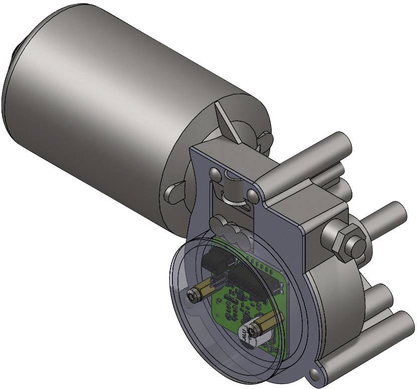 Mechaniczny silnik z mechanizmem zębatym. Prawa strona przedstawia szczegółowe koła zębate i podłączenia elektryczne.