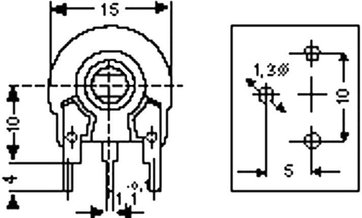 Diagram elektronicznego podzespołu z wymiarami: 15 mm szerokości, 10 mm wysokości. Przedstawia schemat połączeń i konfigurację pinów.